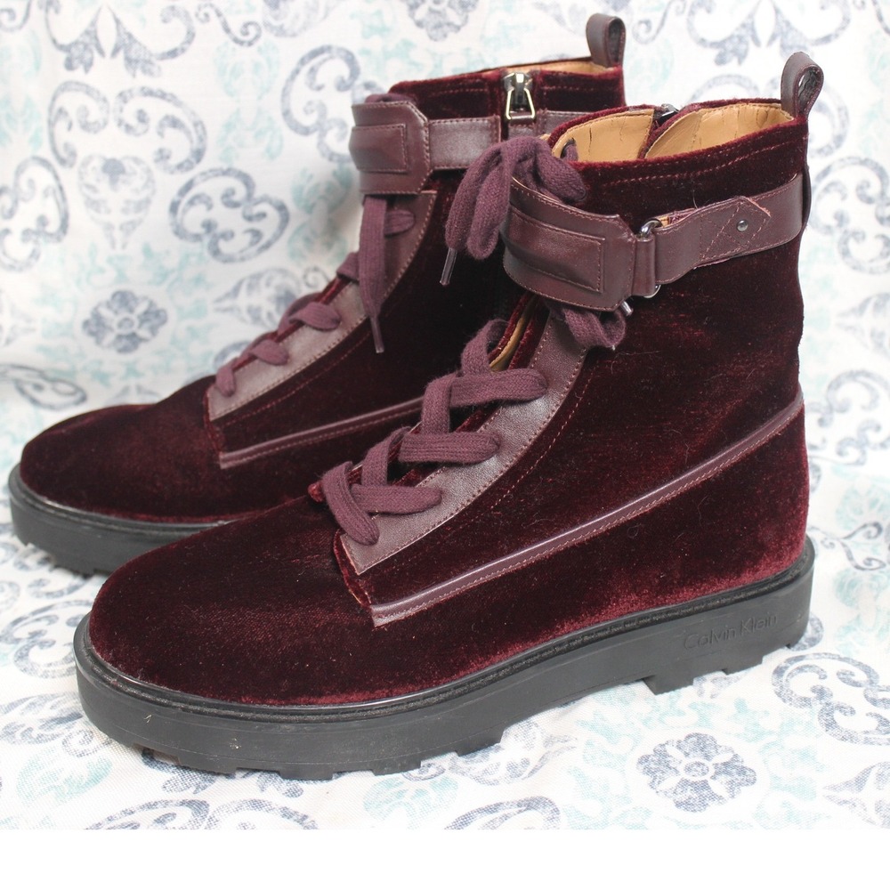 Calvin Klein Burgundy Velvet Lace‎ Up Combat Boots Women Size 9